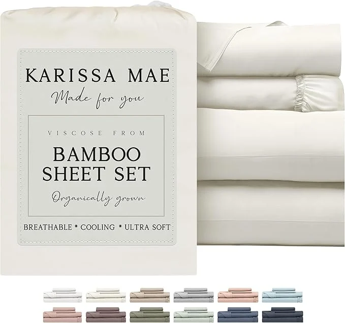 Top-Quality KARISSA MAE Cooling Bamboo Viscose King Size Sheet Set FSC 18 Deep Pocket Silky Soft amp Hypoallergenic with Organizer Band amp Elastic Corner Straps Ivory Certified