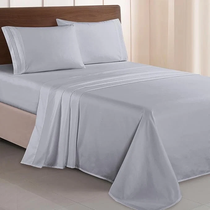Elegant Comfort Luxurious 1500 Premium Hotel Quality Microfiber Three Line Embroidered Softest 4-Piece Bed Sheet Set Wrinkle and Fade Resistant Full Silver-Light Grey Lightweight