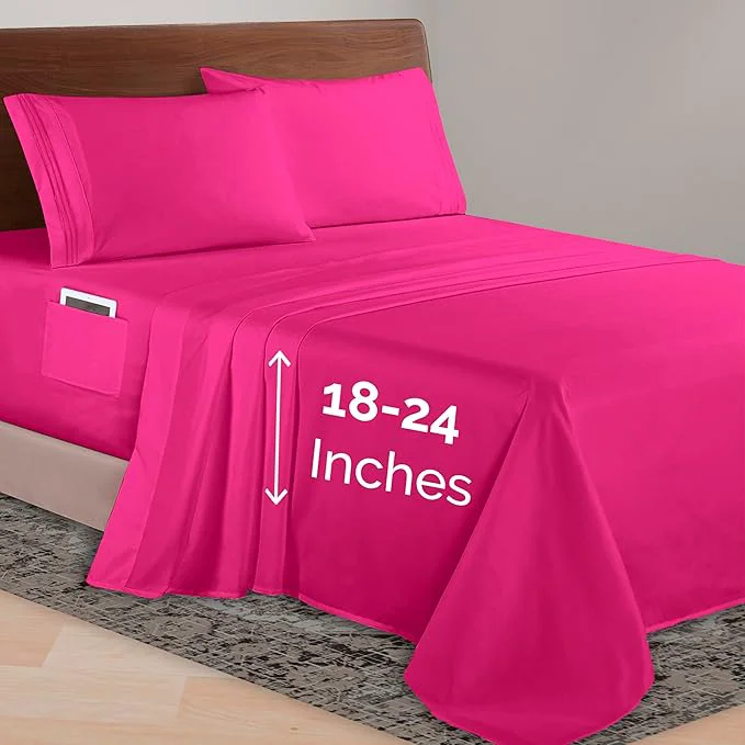 Comfortable Elegant Comfort Luxurious 1500 Premium Hotel Quality Microfiber 4-Piece Sheet Set 18-24 Inches Deep - Extra Deep Pocket Sheets - Ultra Soft 4PC Deep Pocket Sheets Queen Hot Pink Effective