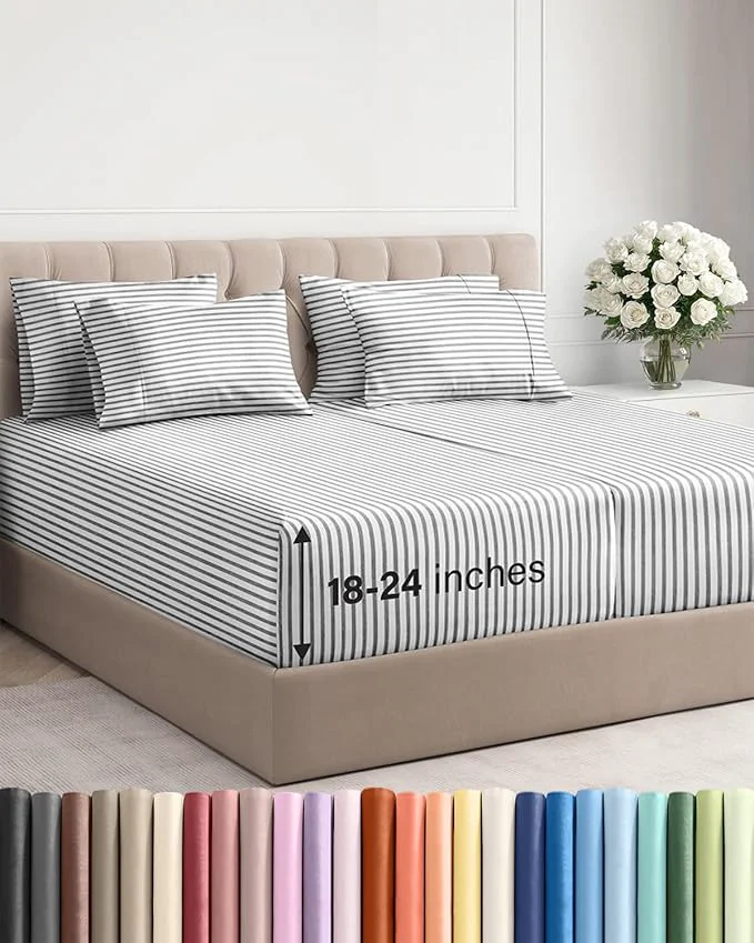 Reusable Extra Deep Split King Sheet Set - 7 Piece Breathable and Cooling Sheets - Hotel Luxury Bedding for Women Men Kids amp Teens - Secure Fit - Soft and Wrinkle with Extra Deep Pockets - Grey Stripes Sophisticated