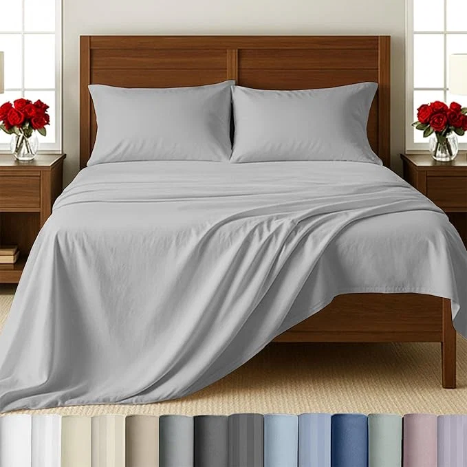 Dependable California Design Den - Cotton Sheets King Size Set Soft Cotton Sheets Deep Pockets Snug Fit Elastic 500 Thread Count Sateen Premium Quality Bedsheet Set Light Grey