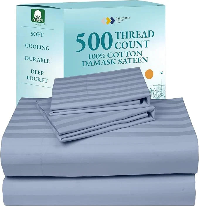 Quality California Design Den - Queen Sheets Set Cotton Soft Cotton Sheets Deep Pockets Snug Fit Elastic 500 Thread Count Sateen Damask Stripe Sheets for Bed - Light Blue - Striped Powerful