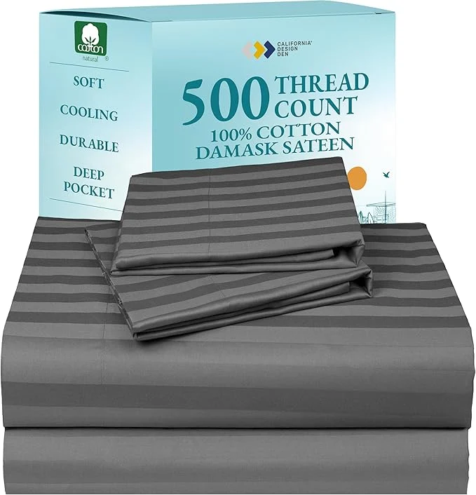 Eco-Friendly California Design Den - Luxury Full Sheets Sets Cotton Soft Cotton Sheets Deep Pockets Snug Fit Elastic 500 Thread Count Sateen Damask Stripe Bed Sheets Stripe - Grey Premium