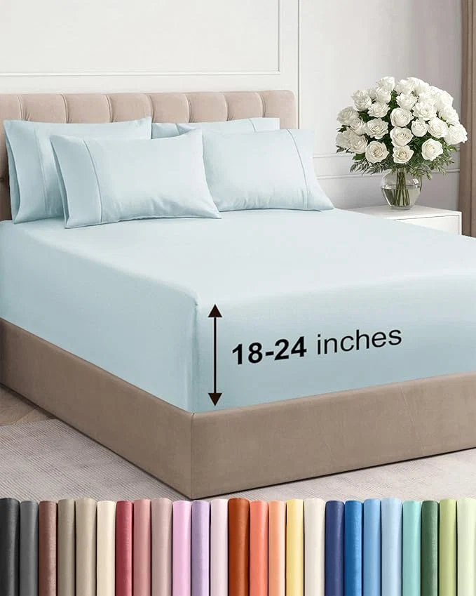 Lightweight Extra Deep Cal King Sheet Set - 6 Piece Breathable and Cooling Sheets - Hotel Luxury Bedding for Women Men Kids amp Teens - Easy amp Secure Fit - Soft and Wrinkle - Extra Deep Pockets - Ice Blue Eco-Friendly
