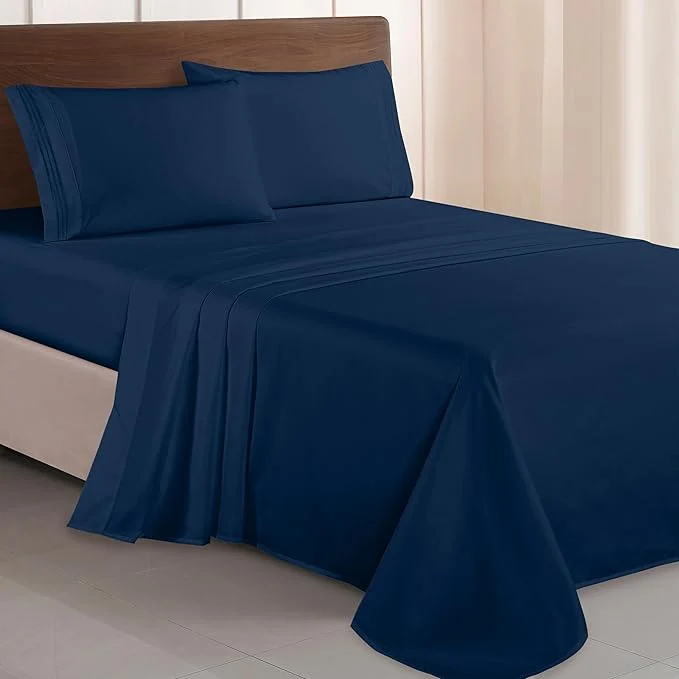 Advanced Elegant Comfort Luxurious 1500 Premium Hotel Quality Microfiber Three Line Embroidered Softest 4-Piece Bed Sheet Set Wrinkle and Fade Resistant King Navy Blue Efficient
