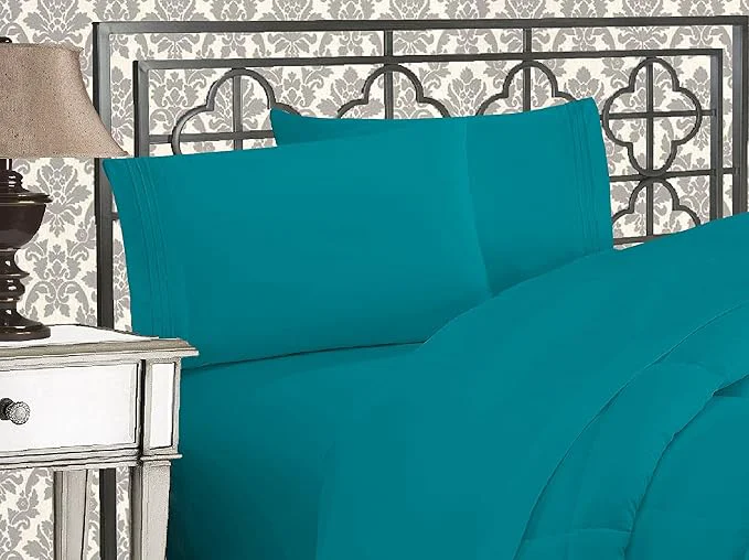 Innovative Elegant Comfort Luxurious 1500 Premium Hotel Quality Microfiber Three Line Embroidered Softest 4-Piece Bed Sheet Set Wrinkle and Fade Resistant California King Turquoise Professional