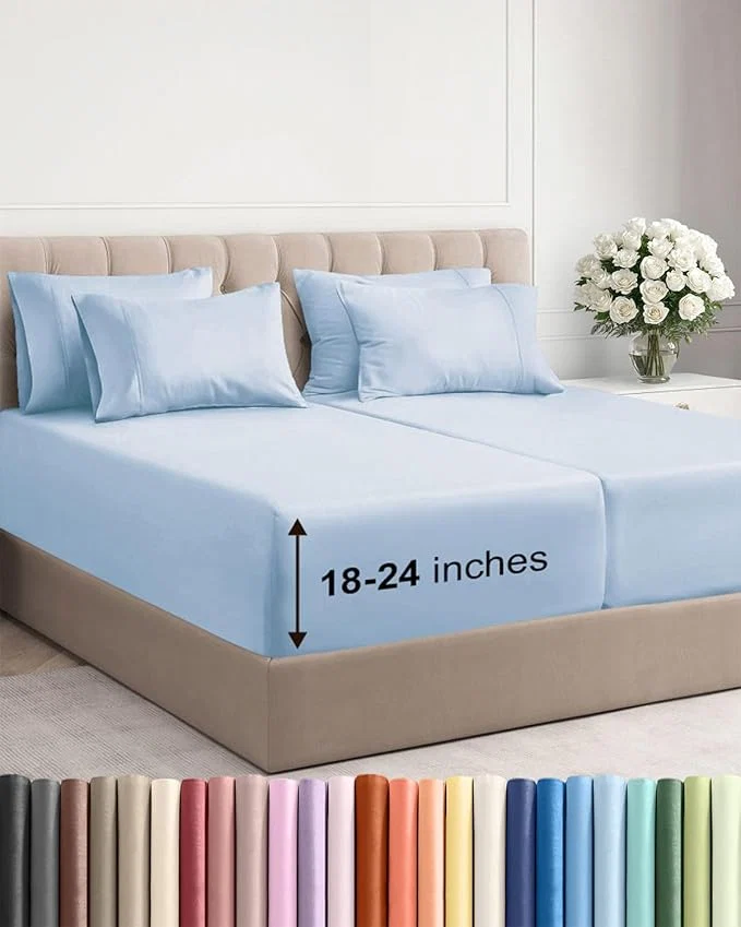 Specialty Extra Deep Split King Sheet Set - 7 Piece Breathable and Cooling Sheets - Hotel Luxury Bedding for Women Men Kids amp Teens - Easy amp Secure Fit - Soft and Wrinkle - Extra Deep Pockets - Sky Blue Trendy