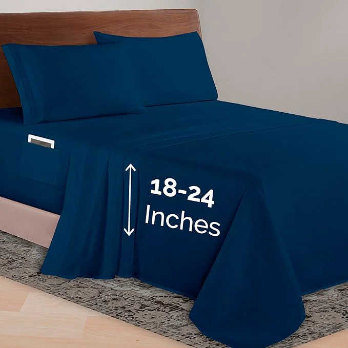 Smooth Elegant Comfort Luxurious 1500 Premium Hotel Quality Microfiber 4-Piece Sheet Set 18-24 Inches Deep - Extra Deep Pocket Sheets - Ultra Soft 4PC Deep Pocket Sheets Queen Navy Blue High-Performance