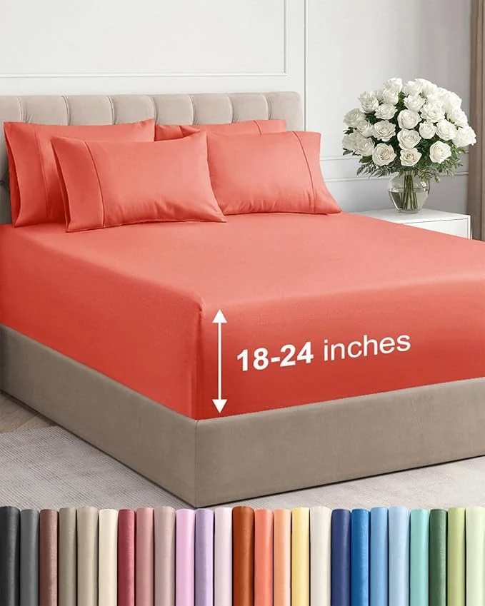 Pure Extra Deep Full Sheet Set - 6 Piece Breathable and Cooling Sheets - Hotel Luxury Bedding for Women Men Kids amp Teens - Easy amp Secure Fit - Soft Wrinkle and Comfy - Extra Deep Pockets - Coral Premium Material