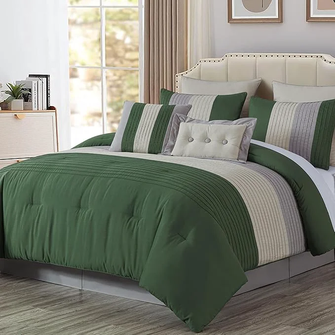 Environmentally Friendly Chezmoi Collection Loft 8-Piece Oversized King Comforter Set Forest Green Gray Cream Luxury Striped Bedding for All Season Optimized