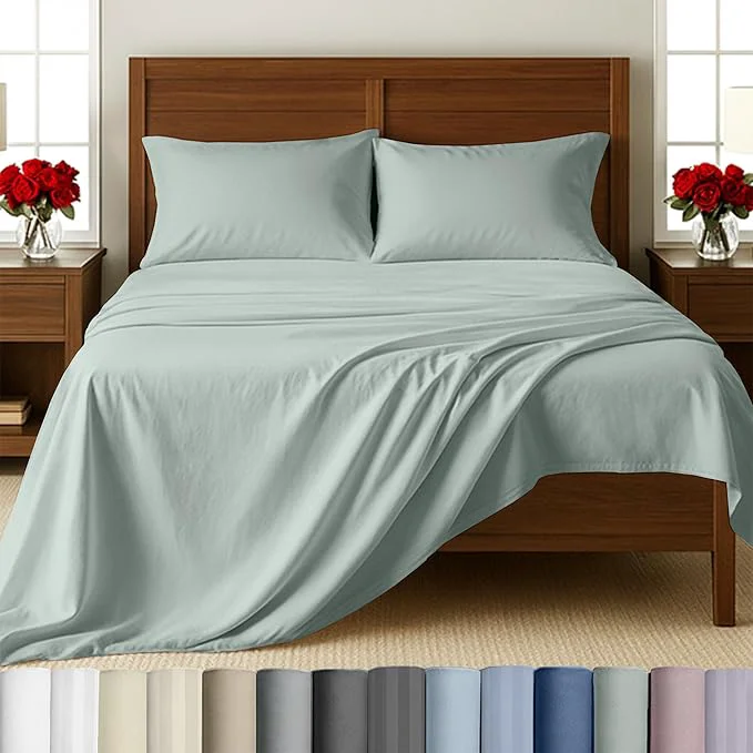 Solid California Design Den Full Size Sateen Sheet Set - Extra Long Staple Cotton 500 Thread Count Silver Sage Sheet Set Lightweight Bed Set for Comfort Deep Pocket Fits 16 Inch Mattresses Effective