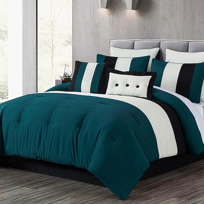Sophisticated Chezmoi Collection Loft 8-Piece California King Comforter Set Teal Black White Luxury Striped Bedding for All Season Relaxed