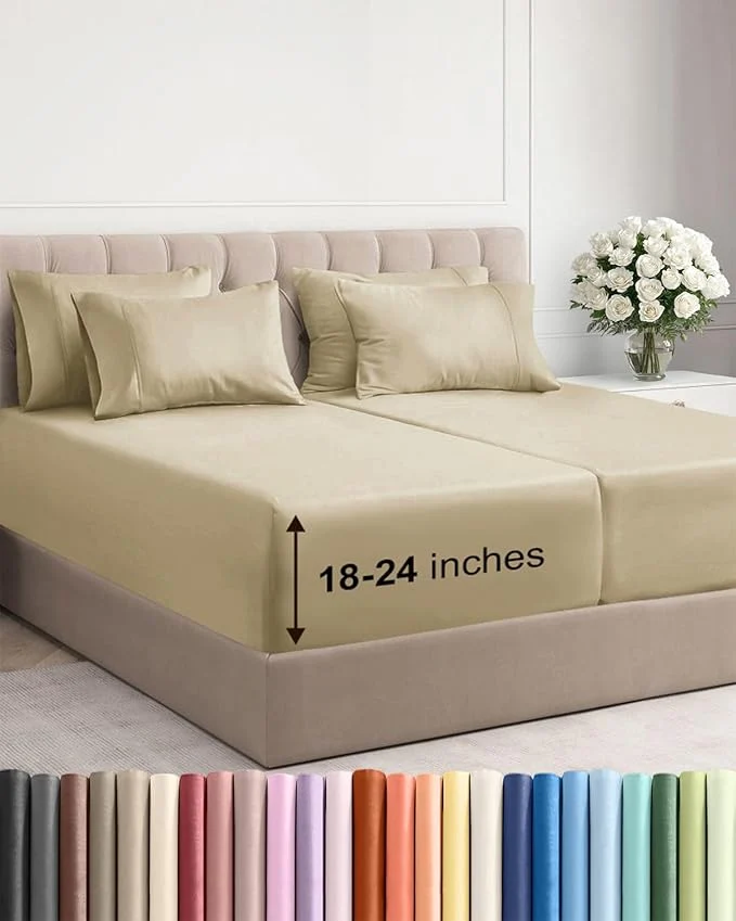 Genuine Extra Deep Split King Sheet Set - 7 Piece Breathable and Cooling Sheets - Hotel Luxury Bedding for Women Men Kids amp Teens - Easy Secure Fit - Soft Wrinkle amp Comfy - Extra Deep Pockets - Beige Excellent