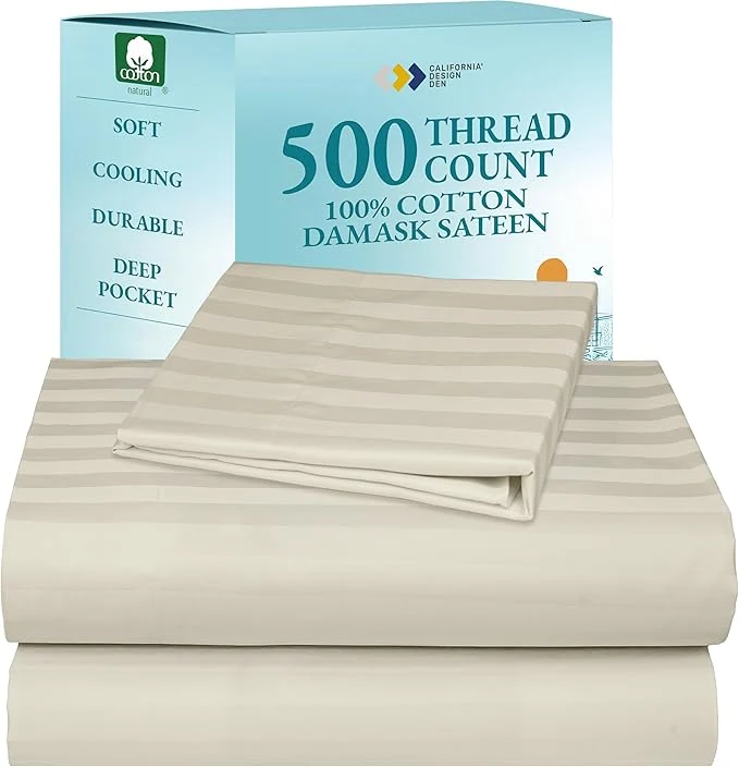 Lightweight California Design Den 3 Piece Twin XL Size Sheet Set - Cotton 500 Thread Count Sateen Deep Pocket Bed Sheets with Fitted Elastic Sheet Soft Luxury - Striped Ivory High-Performance
