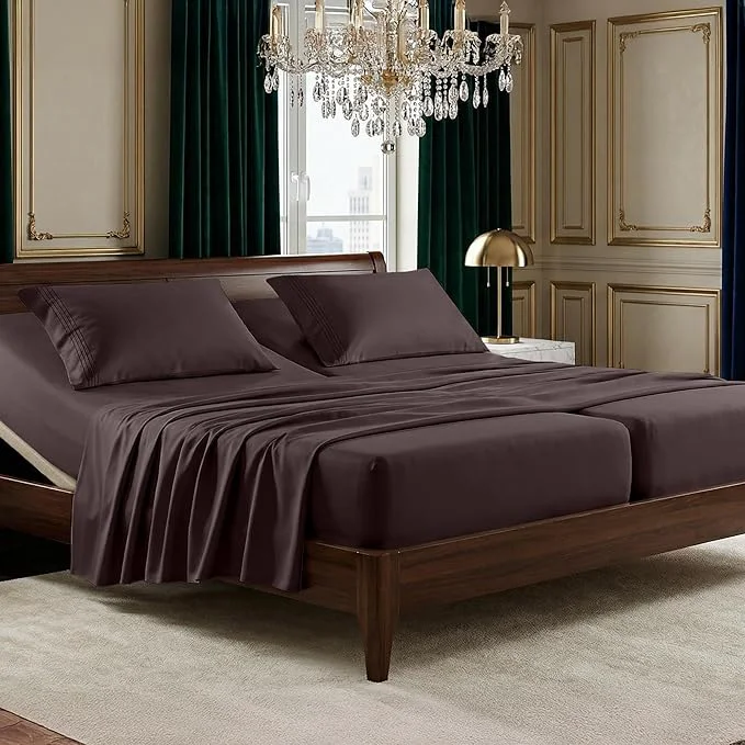 High-Quality Elegant Comfort Luxurious 1500 Premium Hotel Quality Microfiber Three Line Embroidered Softest 5-Piece Bed Sheet Set Wrinkle and Fade Resistant Split King Chocolate Brown Authentic
