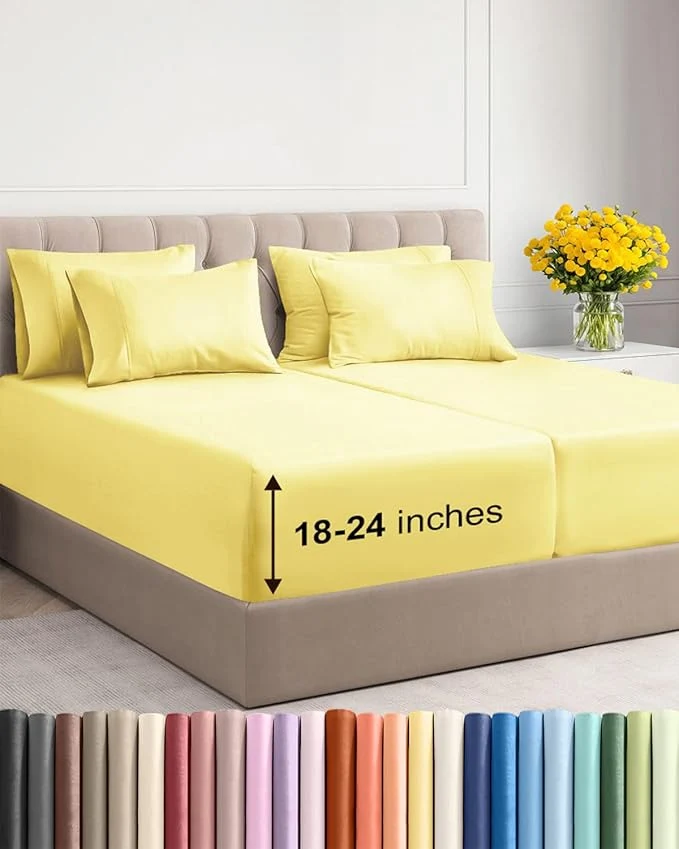 Dependable Extra Deep Split King Sheet Set - 7 Piece Breathable and Cooling Sheets - Hotel Luxury Bedding for Women Men Kids amp Teens - Easy amp Secure Fit - Soft and Wrinkle - Extra Deep Pockets - Yellow Functional