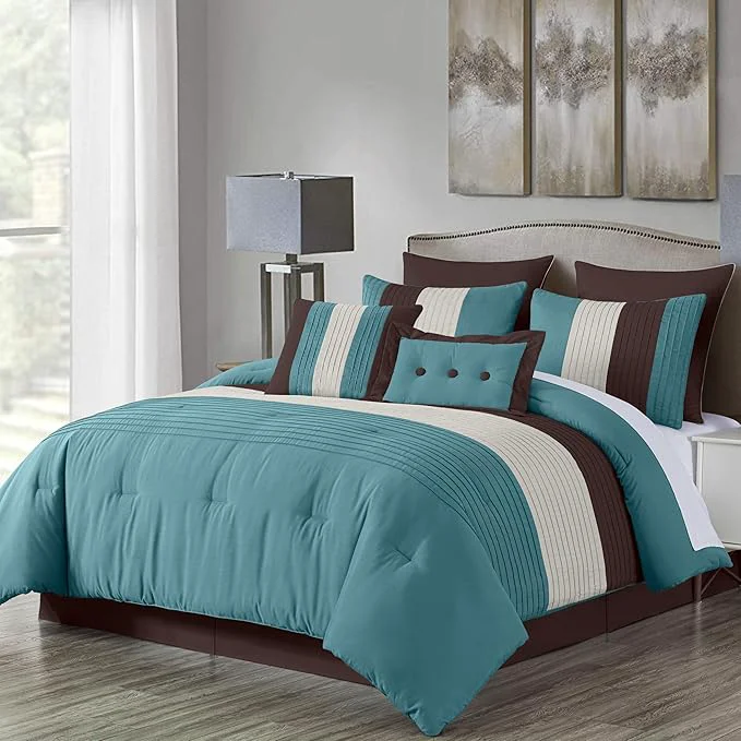 Proven Chezmoi Collection Loft 8-Piece Luxury Striped Comforter Set King Blue Beige Chocolate Brown Consistent