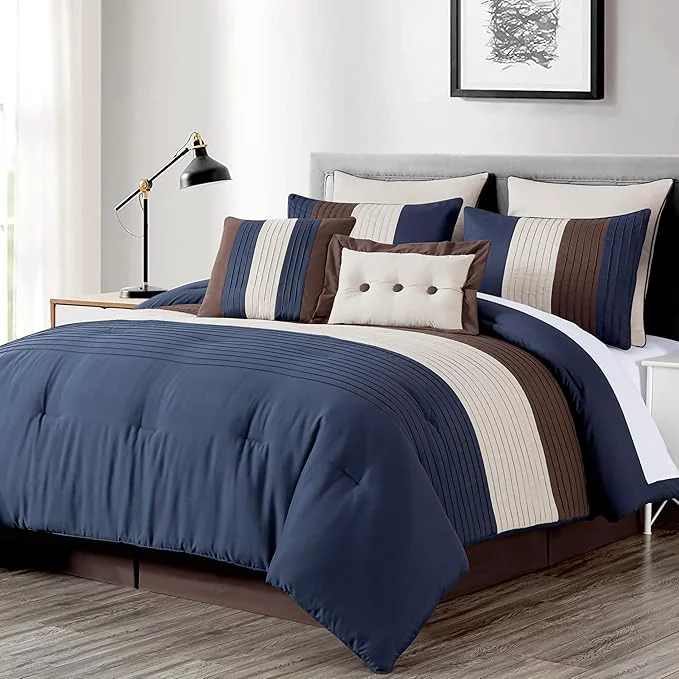 Carefully Designed Chezmoi Collection Loft 8-Piece California King Comforter Set Midnight Blue Brown Coffee Cream Luxury Striped Bedding for All Season Reusable