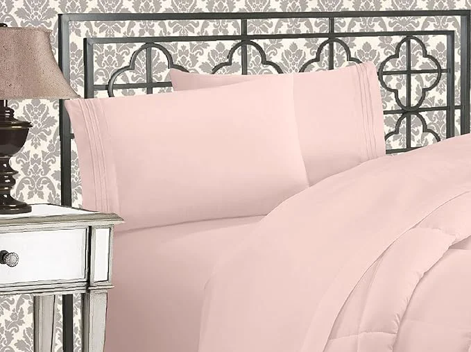 Eco-Friendly Elegant Comfort Luxurious 1500 Premium Hotel Quality Microfiber Three Line Embroidered Softest 4-Piece Bed Sheet Set Wrinkle and Fade Resistant California King Blush Pink Powerful