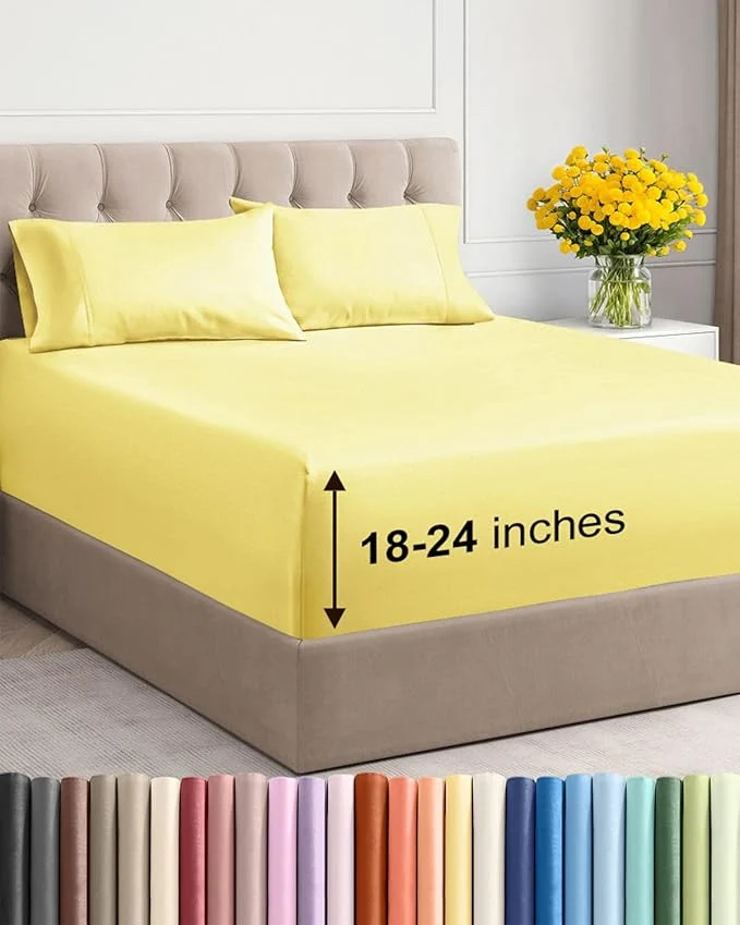 Comfortable Extra Deep Twin Sheet Set - 4 Piece Breathable and Cooling Sheets - Hotel Luxury Bedding for Women Men Kids amp Teens - Easy amp Secure Fit - Soft Wrinkle and Comfy - Extra Deep Pockets - Yellow Excellent