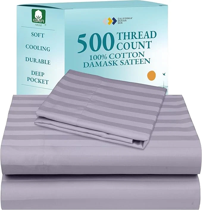 Fast California Design Den - Bed Sheets Twin Size Soft Cotton Sheets Deep Pockets 500 Thread Count Sateen Damask Stripe Bedding Sheets Twin Sheets Set Lavender - Striped Green