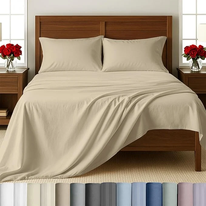 Sustainable California Design Den Twin Bed Sheets Set - 500 Thread Count Sateen Natural Cotton Sheets Fully Elasticized Deep Pockets for a Snug Fit Breathable Bedding - Beige Next-Generation