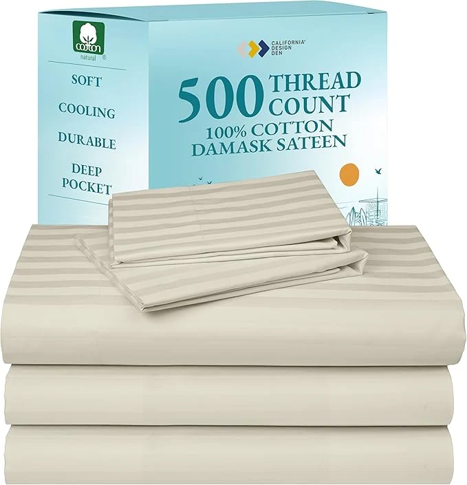 Dependable California Design Den Split King Size Sheet Set Cotton 500 Thread Count Sateen Deep Pocket Bedding for Adjustable Bed Twin-XL Fitted Elastic Sheets amp Pillowcases - Striped Ivory Premium Material