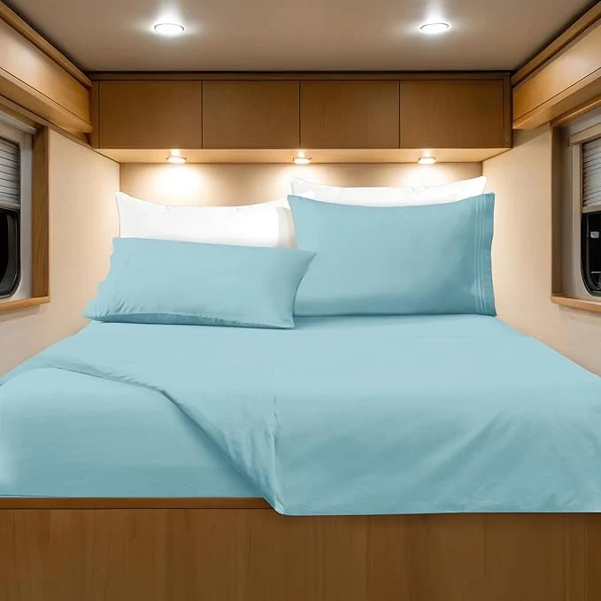 Durable Elegant Comfort Luxurious 1500 Premium Hotel Quality Microfiber Three Line Embroidered Softest 4-Piece Bed Sheet Set Wrinkle and Fade Resistant RV Short Queen Aqua Outstanding