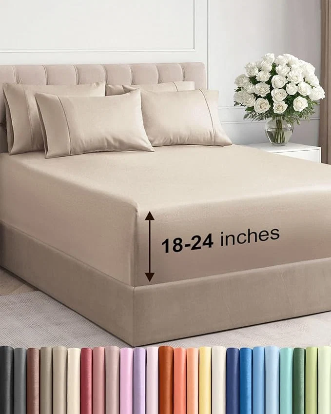 Functional Extra Deep King Sheet Set - 6 Piece Breathable and Cooling Sheets - Hotel Luxury Bedding for Women Men Kids amp Teens - Easy amp Secure Fit - Soft Wrinkle and Comfy - Extra Deep Pockets - Wheat