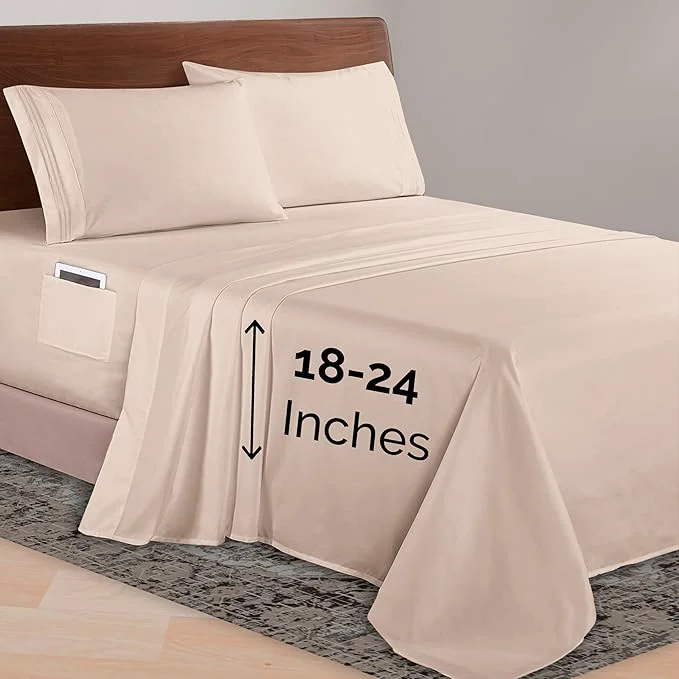 Sophisticated Elegant Comfort Luxurious 1500 Premium Hotel Quality Microfiber 4-Piece Sheet Set 18-24 Inches Deep - Extra Deep Pocket Sheets - Ultra Soft 4PC Deep Pocket Sheets King Cream Classic