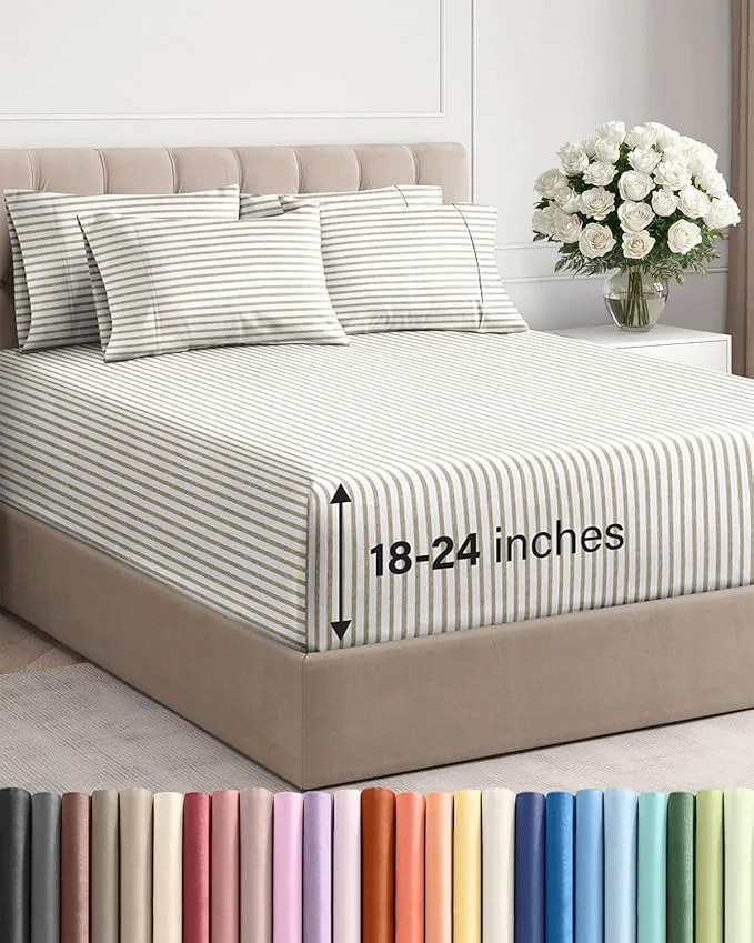 Safe Extra Deep Cal King Sheet Set - 6 Piece Breathable and Cooling Sheets - Hotel Luxury Bedding for Women Men Kids amp Teens - Easy Secure Fit - Soft amp Wrinkle - Extra Deep Pockets - Beige Stripes Classic