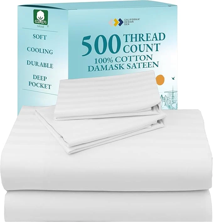 Dependable California Design Den 500 Thread Count Cotton Bed Sheets King Size Set with Deep Pockets Soft amp Breathable Sateen Luxury Striped White Sheets Refined