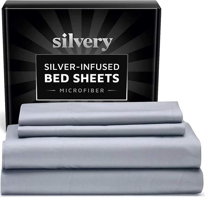 Silvery Silver Infused Bed Sheets Set - Ultra-Soft Temperature-Regulating Fabric with Self-Cleaning Technology™ That Stays Fresh 3X Longer for Hygienic Sleep Gray Split King Efficient