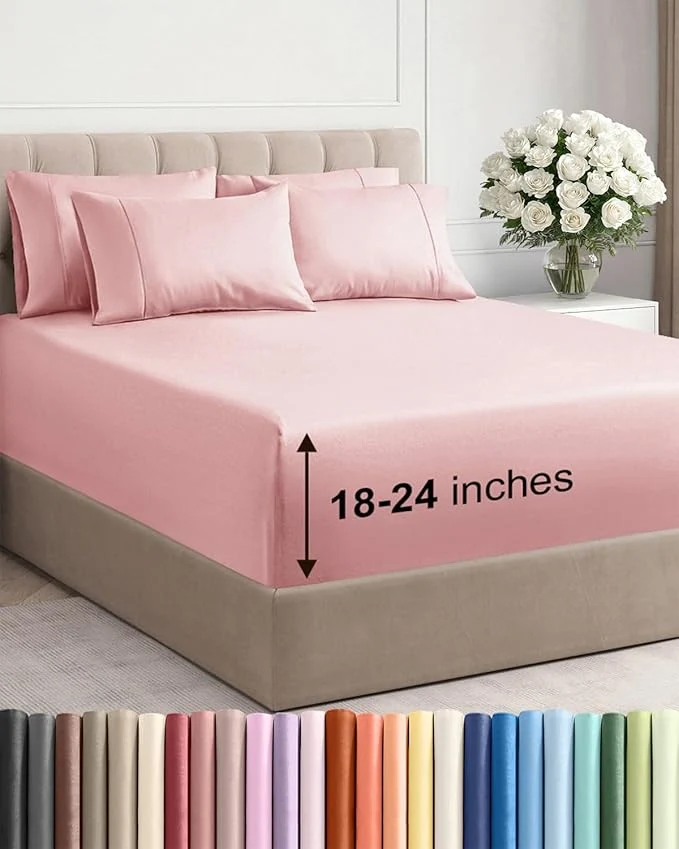 High-Quality Extra Deep King Sheet Set - 6 Piece Breathable and Cooling Sheets - Hotel Luxury Bedding for Women Men Kids amp Teens - Easy Secure Fit - Soft Wrinkle and Comfy - Extra Deep Pockets - Baby Pink Natural