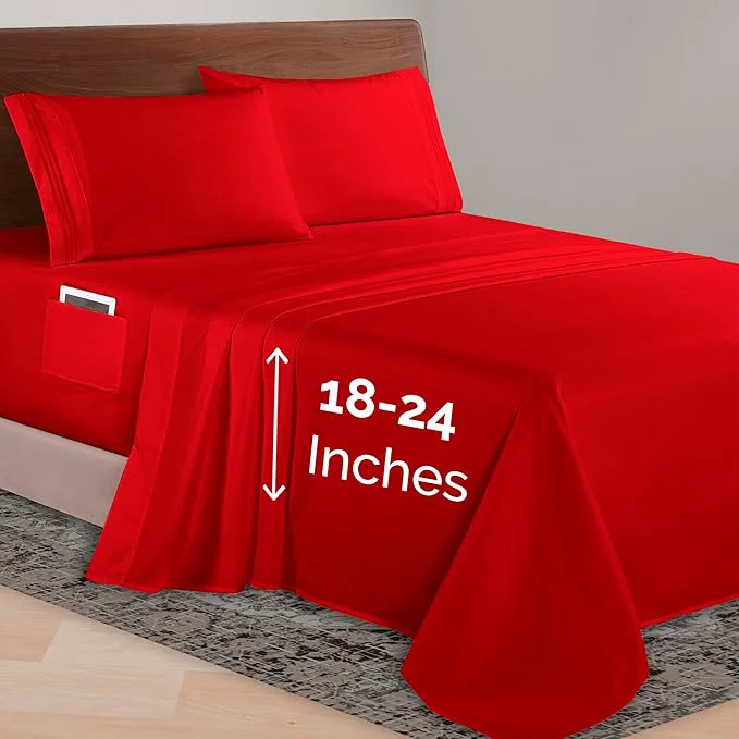 Enhanced Elegant Comfort Luxurious 1500 Premium Hotel Quality Microfiber 4-Piece Sheet Set 18-24 Inches Deep - Extra Deep Pocket Sheets - Ultra Soft 4PC Deep Pocket Sheets Full Red Casual