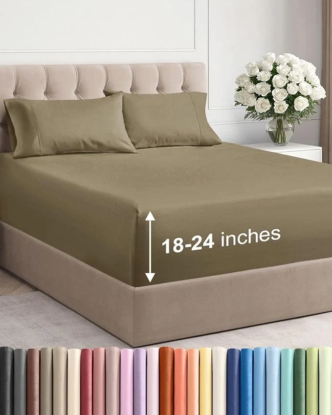 High-End Extra Deep Twin XL Sheet Set - 4 Piece Breathable and Cooling Sheets - Hotel Luxury Bedding for Women Men Kids amp Teens - Easy amp Secure Fit - Soft Wrinkle and Comfy - Extra Deep Pockets - Khaki Reliable