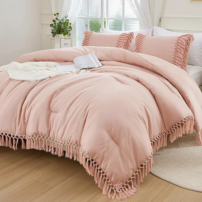Smart Andency Pink Comforter Set Queen 3 Pieces Boho Tassel Lightweight Soft Bedding Comforter Sets All Season Fluffy Fringe Bed Set 90x90In Comforter amp 2 Pillowcases Versatile