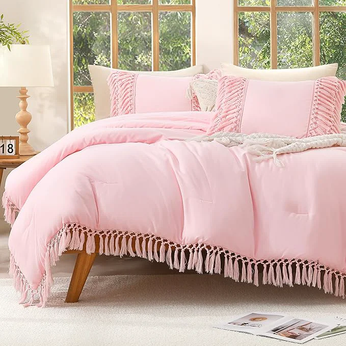 Durable Andency Comforter King Size Set Light Pink 3 Pieces Boho Tassel Lightweight Fluffy Bedding Comforters amp Sets Soft All Season Bed Set 104x90In Comforter amp 2 Pillowcases Excellent