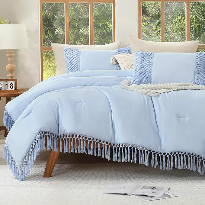 Genuine Andency Light Blue Comforter Set California King 3 Pieces Boho Cal King Tassel Lightweight Soft Bedding Comforter Sets Oversized Bed Set 104x96In Comforter amp 2 Pillowcases