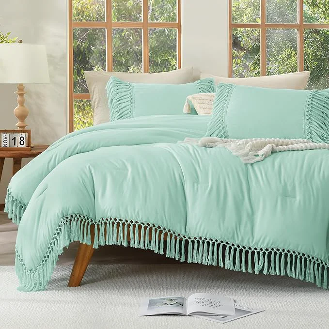 Excellent Andency Queen Comforter Set Mint 3 Pieces Boho Lightweight Fall Bedding Comforter Sets Tassel Bed Set 90x90In Comforter amp 2 Pillowcases Verified