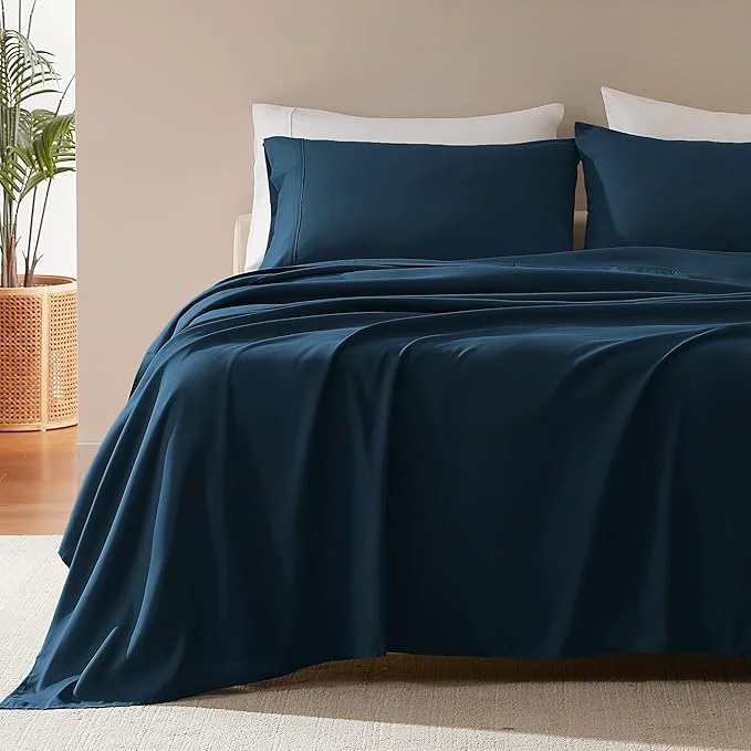 Carefully Designed SLEEP ZONE Nanotex Super Soft Cooling King Bed Sheets Set 4 Piece - Easy Care Fitted Flat Sheet amp Pillowcase Sets - Wrinkle Fade Resistant Deep Pocket 16 quot Navy Blue King Natural