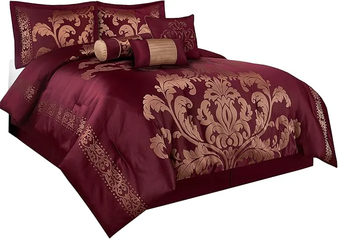 Reusable Chezmoi Collection 7-Piece Jacquard Floral Comforter Set Queen Maroon Superior