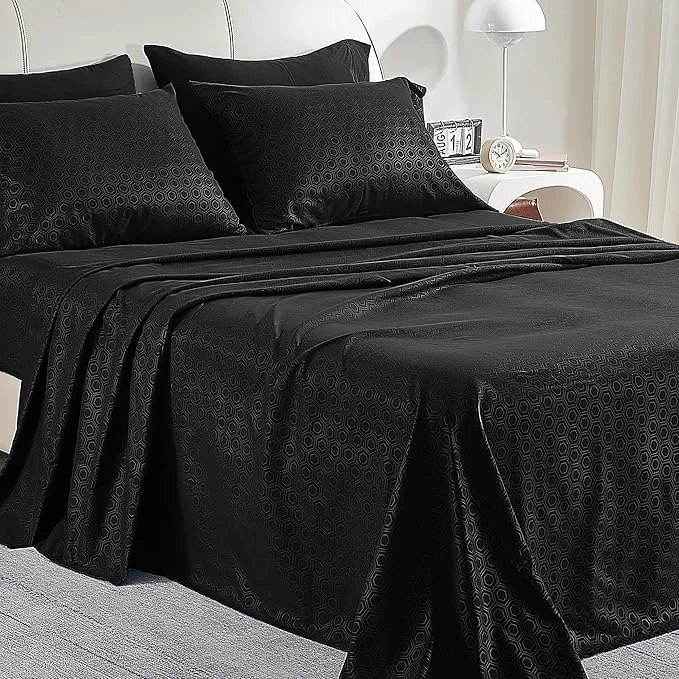 Sophisticated SLEEP ZONE Luxury Embossed Sheets Set Full Size Black Honeycomb Pattern Sheet amp Pillowcase Sets 4 Piece - Super Soft Wrinkle Fade Resistant Deep Pocket 16 quot Black Full Original