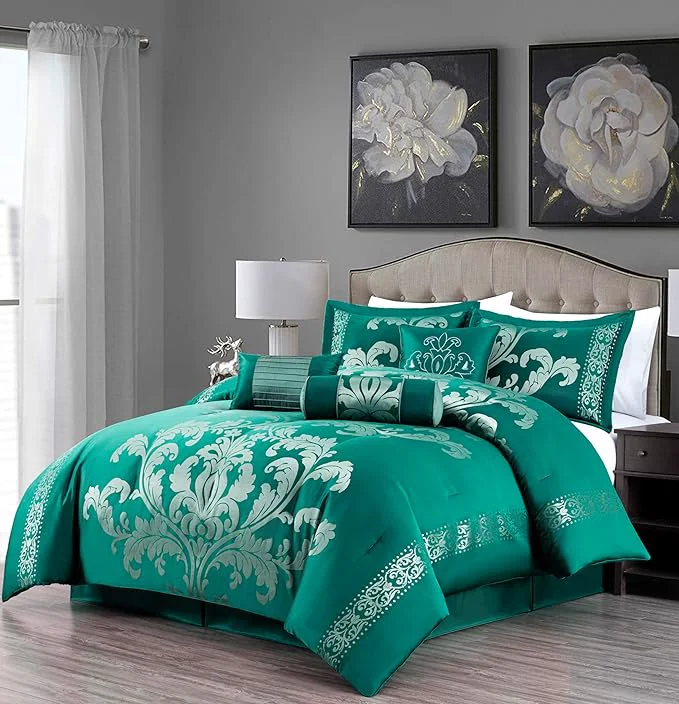 Powerful Chezmoi Collection 7-Piece Jacquard Floral Comforter Set King Green Silver Stylish
