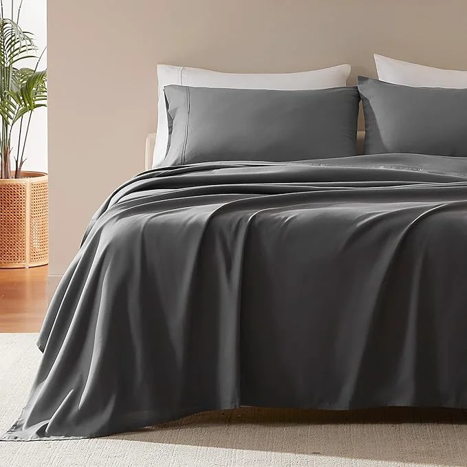 Elite SLEEP ZONE Nanotex Super Soft Cooling Kids Bed Sheets Set Twin XL 3 Piece - Easy Care Fitted Flat Sheet amp Pillowcase Sets - Wrinkle Fade Resistant Deep Pocket 16 quot Gray Twin XL Fast