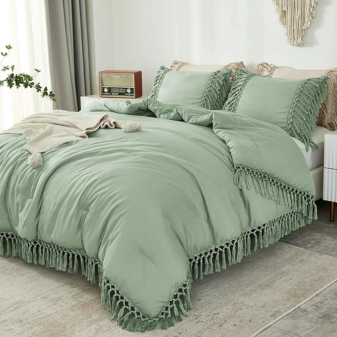 Top-Quality Andency Sage Green Comforter Set Queen Size 3 Pieces Boho Tassel Lightweight Vintage Soft Bedding Comforter Sets All Season Fluffy Fringe Bed Set 90x90In Comforter amp 2 Pillowcases Traditional