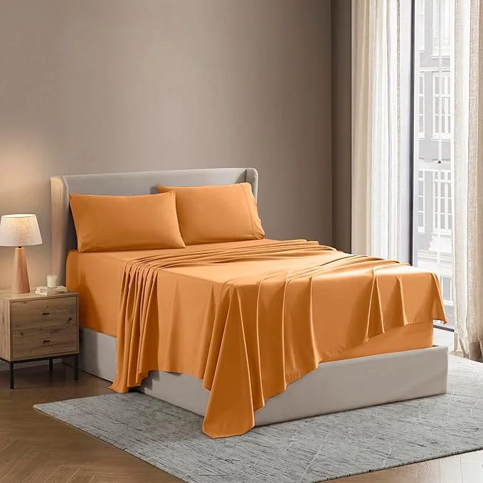 Efficient Nestl California King Sheet Set - 1800 Ultra-Soft Microfiber Cal King Bed Sheets - Double Brushed - Deep Pockets - Easy Fit - 4 Piece Set - Bed Sheets California King Light Orange Quality