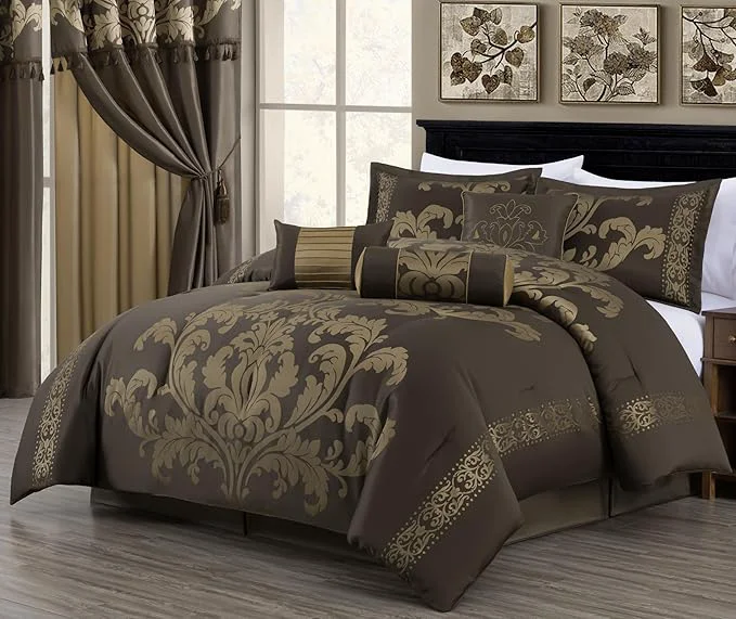 Natural Chezmoi Collection 7-Piece Jacquard Floral Comforter Set Queen Coffee Gold Prestigious