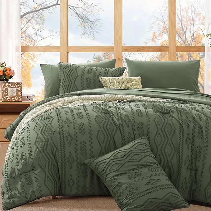 Verified WRENSONGE King Size Comforter Set with Sheets - 7 Pieces Olive Green Tufted Bed in a Bag King Shabby Chic Bedding Sets with 1 Comforter 2 Sheets 2 Pillowcases amp 2 Shams Carefully Designed
