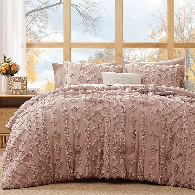 Elite WRENSONGE King Size Comforter Set with Sheets - 7 Pieces Rusty Pink Tufted Bed in a Bag King Shabby Chic Bedding Sets with 1 Comforter 2 Sheets 2 Pillowcases amp 2 Shams Reusable